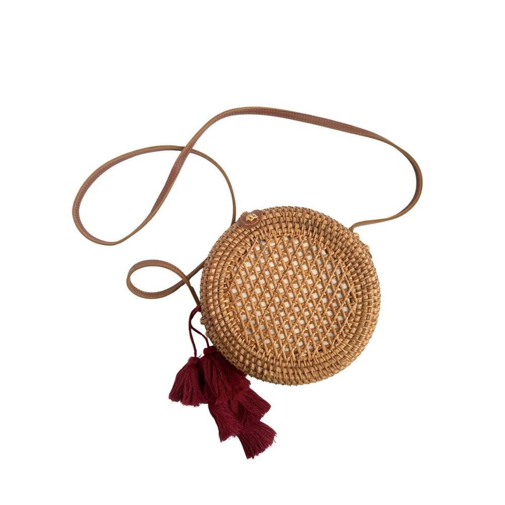Round Rattan Wicker Crossbody Bag Boho Straw Purse Burgundy Tassels - Picture 5 of 7